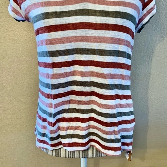 Linen Tee Medium White V-Neck Striped Olive Salmon Rust Short Sleeve 100% Linen - Picture 4 of 13